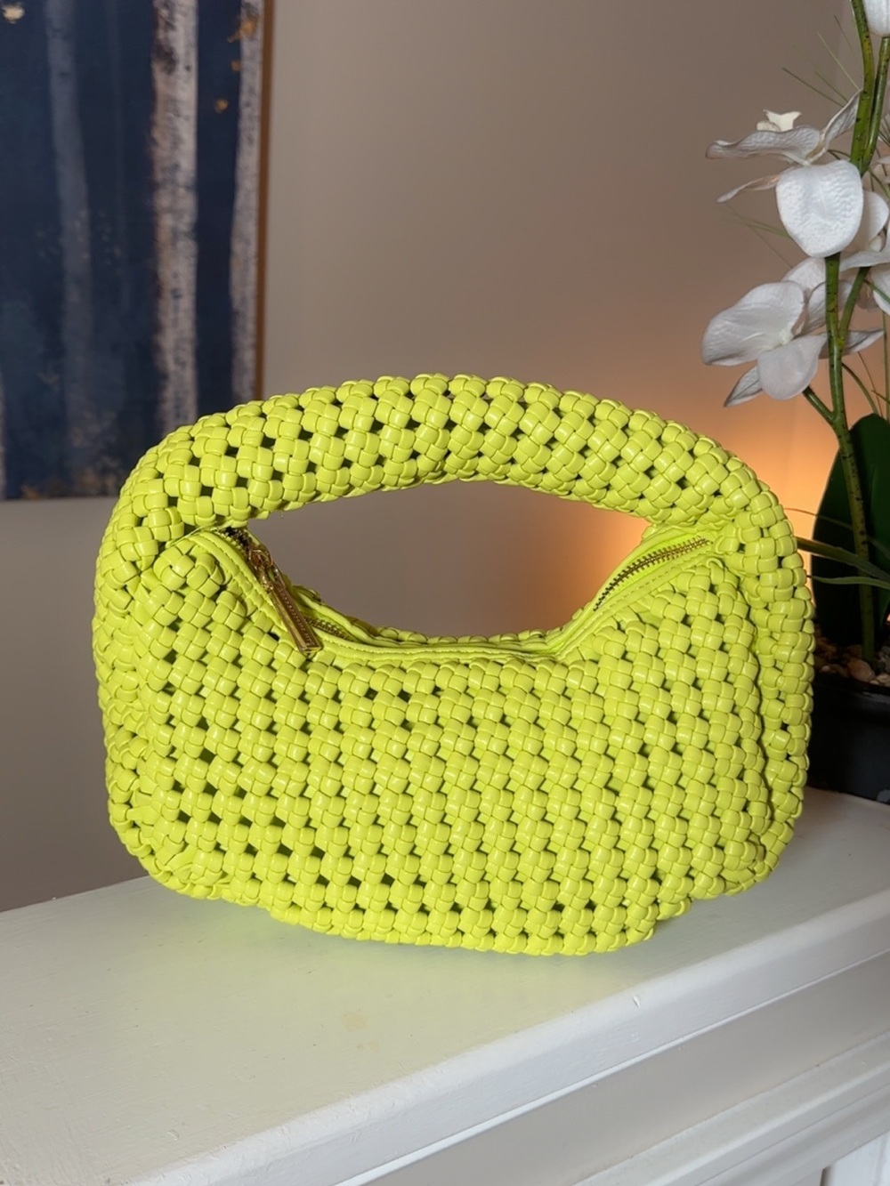 Woven Shoulder Bag in Neon Lime